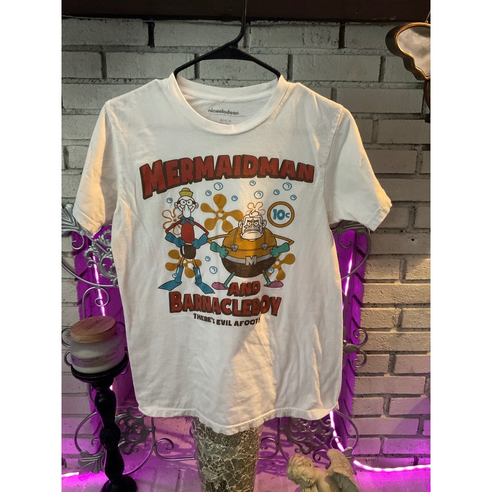 Nickelodeon Spongebob Mermaidman and Barnacleboy Graphic T-Shirt White Small